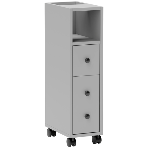 kleankin Slim Bathroom Storage with 2 Drawers, 2 Open and Wheels, Grey