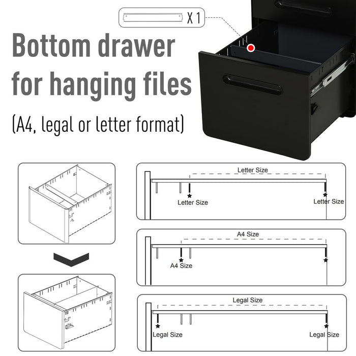 Vinsetto Modern Steel Filing Cabinet - 3 Draw, Lock & Wheels - Black - High-Quality