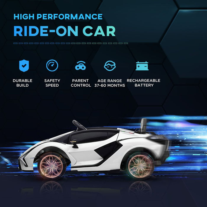 HOMCOM Lamborghini Sian Licensed 12V Kids Electric Ride On Car 2 Motors Toy Car with Remote Control Music Lights MP3 for 3-5 Years White