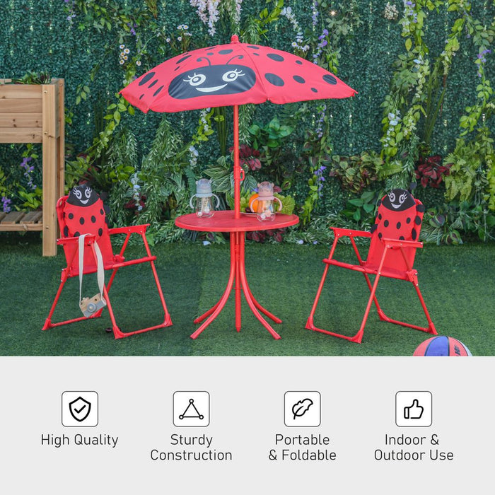 Kids Ladybug Picnic Table & Chair Set with Umbrella - Outdoor Portable Folding Furniture - Ages 3-5