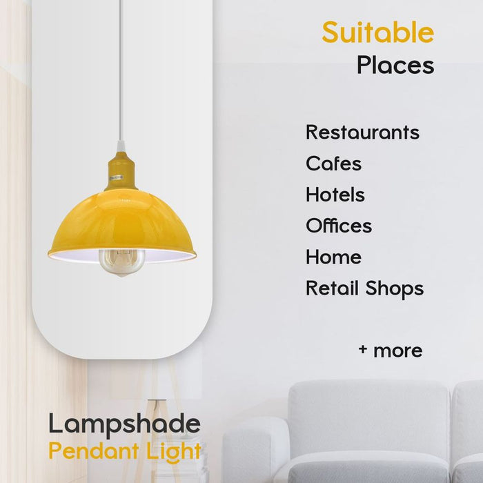 2Pack Yellow Dome Pendant Lights | Sturdy Metal | 21cm | White Inner | Spray Painted Finish