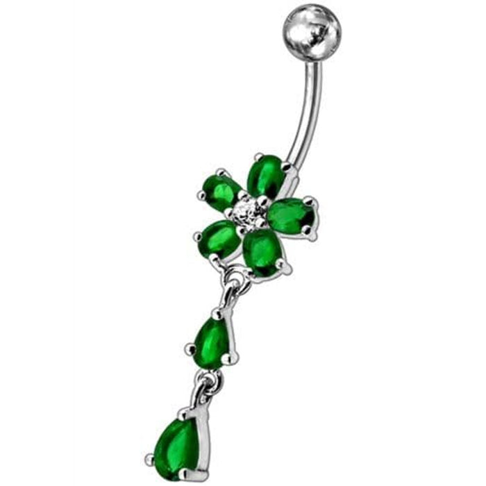 Fancy Jeweled Flower With Silver Dangling SS Bar Navel Ring