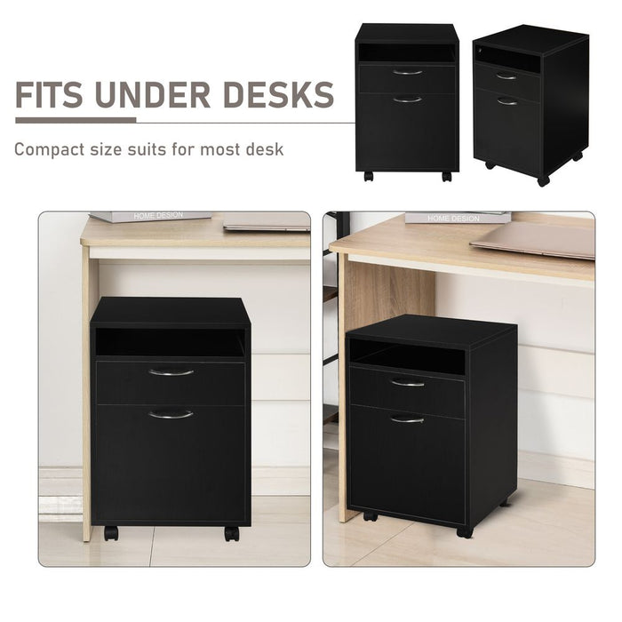 HOMCOM 60cm Storage Cabinet w/Drawer Open Shelf Metal Handles 4 Wheels Office Home Organiser Mobile Printer Black