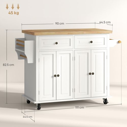 HOMCOM Rolling Kitchen Island Cart with Rubber Wood Top, Spices Cream White