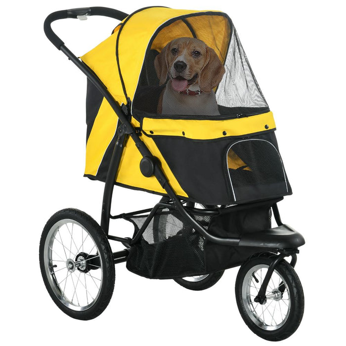 PawHut 3 Wheel Pet Stroller - Yellow | Medium Small Dogs Cat Pram | Foldable & Stylish