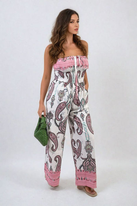 Shirred Strapless Printed Jumpsuit - Effortlessly Chic & Comfortable - Vibrant Print & Wide-Leg Pants - Versatile & High-Quality.