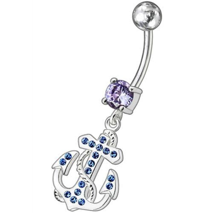 Fancy Jeweled Anchor And Cross Dangling Curved Belly Ring