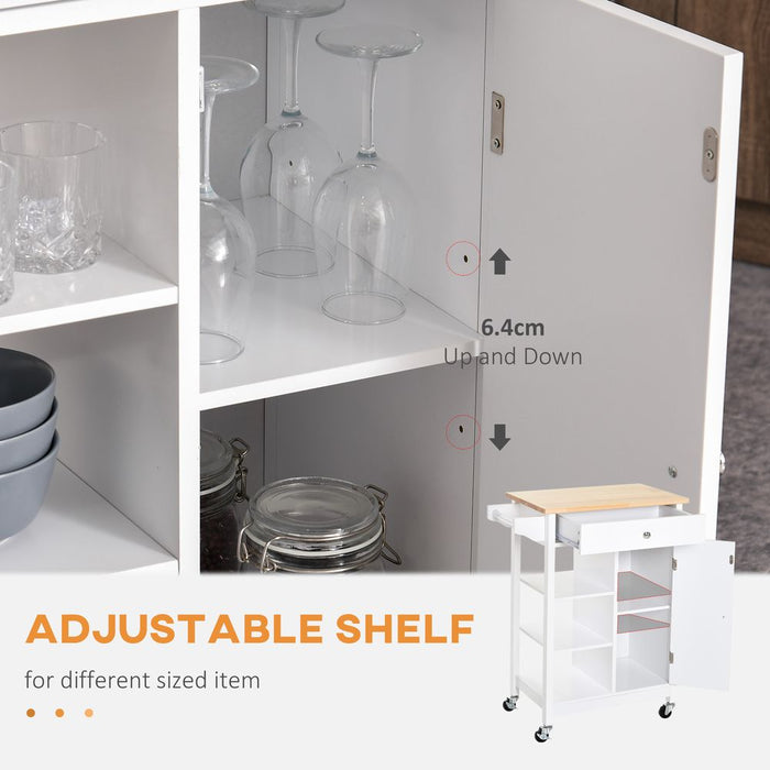 Stylish White MDF Kitchen Trolley: Storage, Shelves, Cupboard, Drawer, Hanging Rail