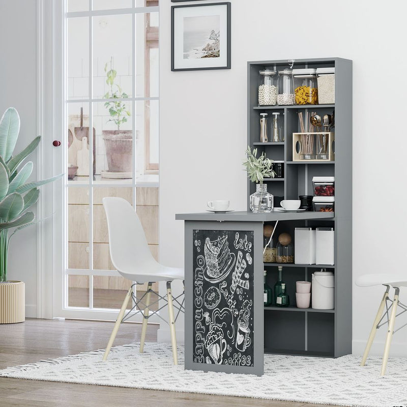 HOMCOM Fold-out Convertible Writing Desk Wall Mount Cabinet with Blackboard and Side Shelf Multi-Function Home Office Workstation, Grey 98 x 51 cm