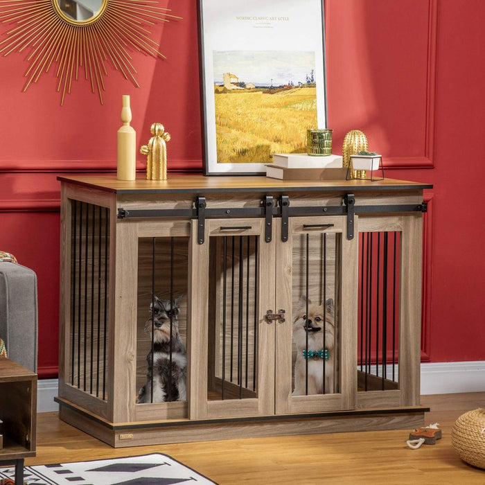 PawHut Double Dog Crate, Large & Small Dogs, Oak Tone - Secure & Stylish