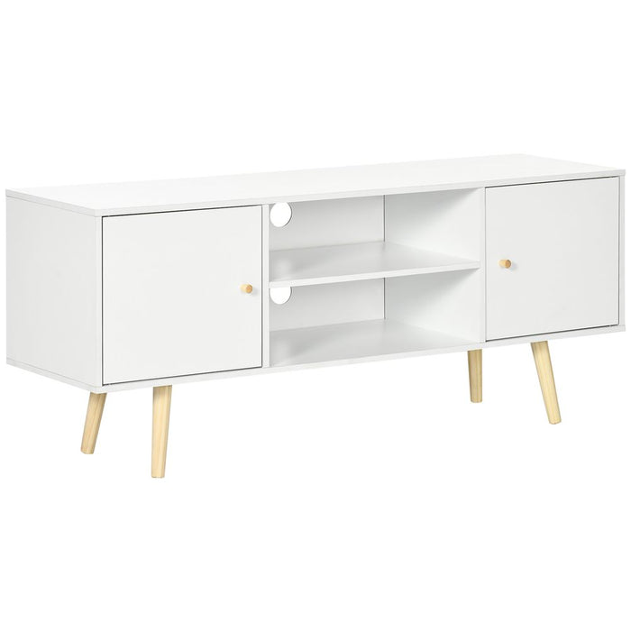 TV Stand Cabinet with Cable Management and Wood Legs Living Room, White