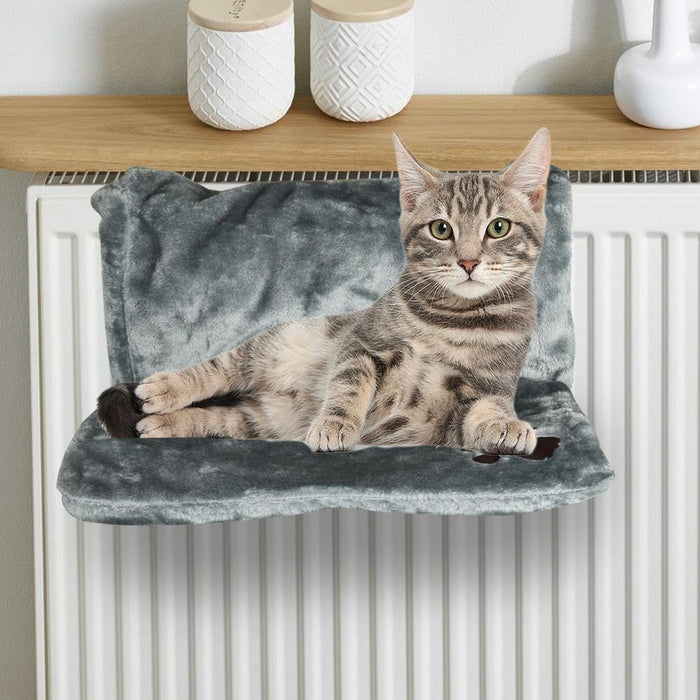 Cozy Cat Radiator Bed - Super Soft Fur, Strong Durable Frame, Grey w/ Paw Print - Perfect for All Cats & Kittens