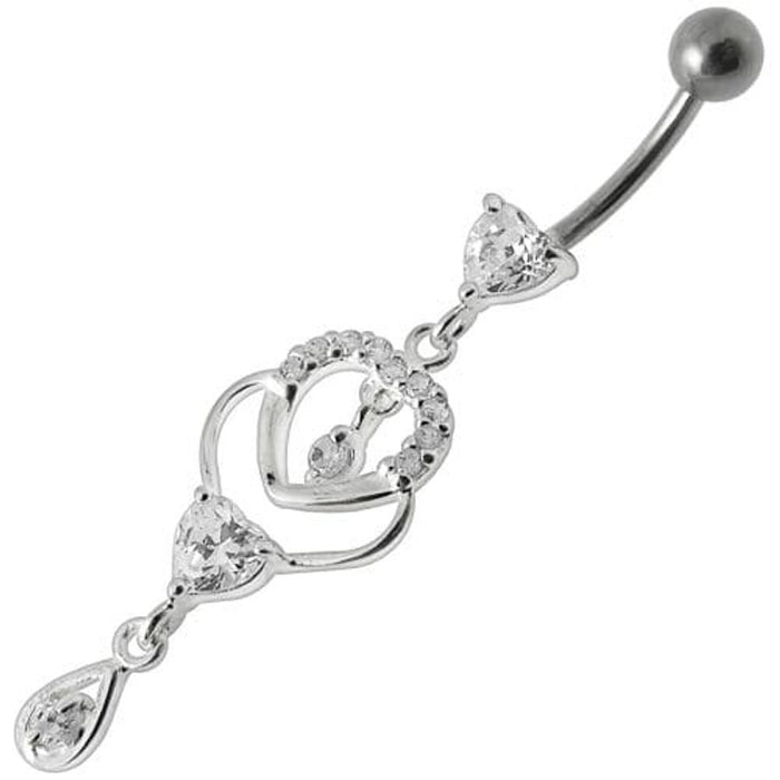 Fancy Jeweled Dangling Heart With Banana Bar Belly Ring Body Jewelry