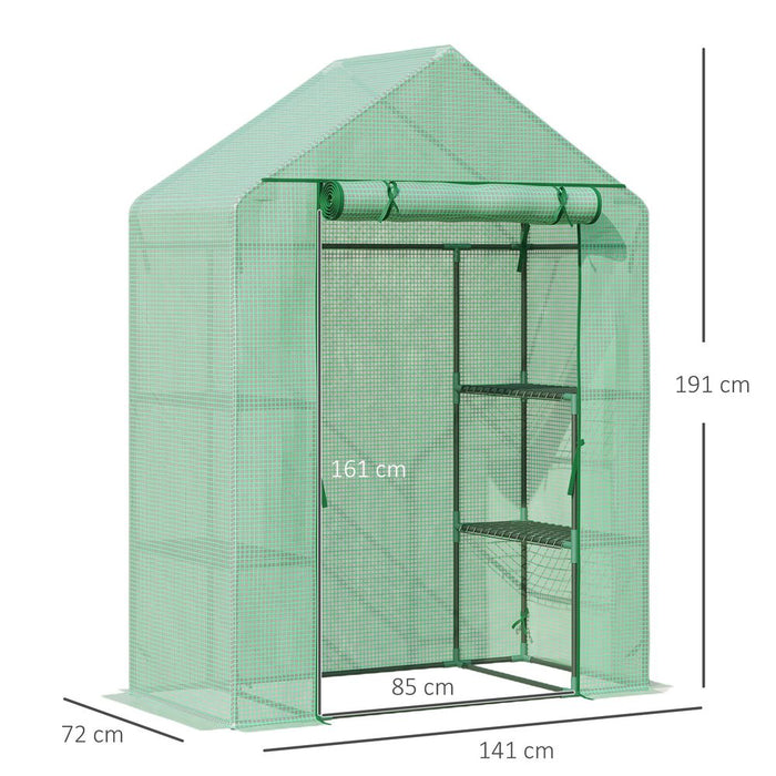 Portable Walk-In Greenhouse: 2-Tier Shelf, Roll-Up Door, PE Cover, 141x72x191cm, Green