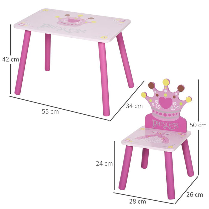 Princess Crown Chair Table Set 2-4 Yrs Pink HOMCOM: Kids Home Furniture 3 Pcs