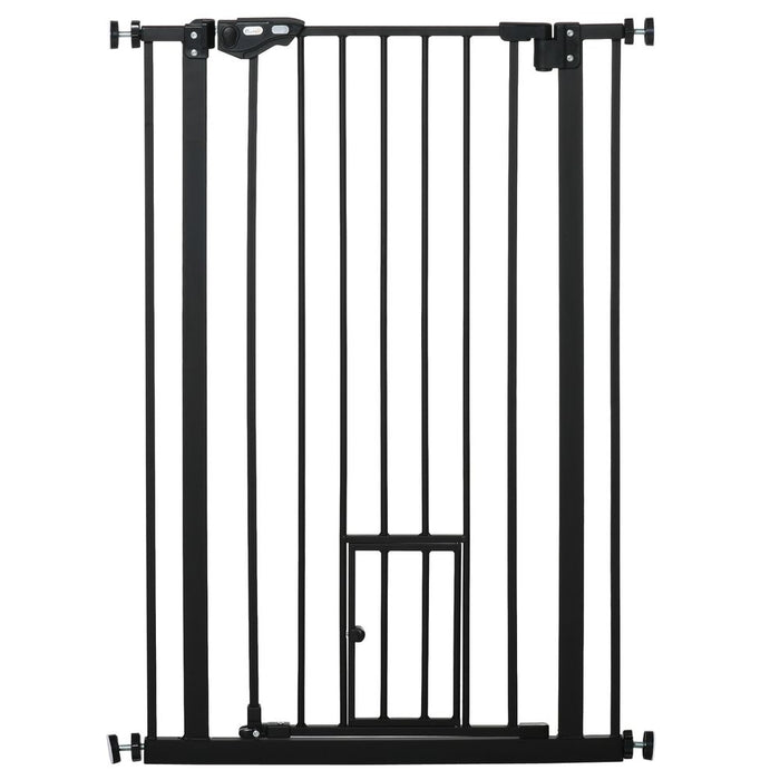 PawHut Extra Tall Dog Gate with Cat Flap, Pet Safety Gate for Doorways Stairs with Auto Close Double Locking, 104 cm Tall 74-80 cm Wide, Black