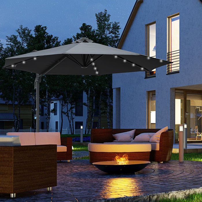 3(m) Cantilever Parasol Patio Umbrella - Solar Lighted, Crank, Dark Grey