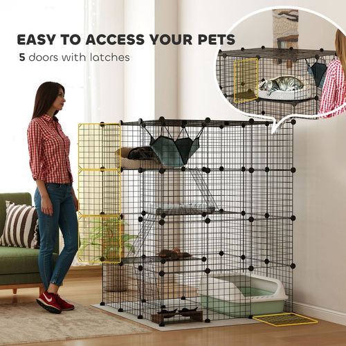 PawHut DIY 4 Tier Cat Cage Indoor with Hammock, Ramps, Doors, for 1-3 Cats