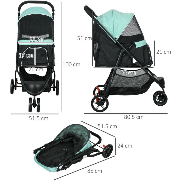 PawHut Dog Stroller - XS/S Dogs, Cats - Rain Cover - Green