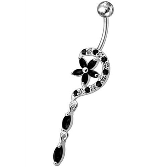 Fancy Jeweled Flower Long Tail Silver Dangling Belly Ring