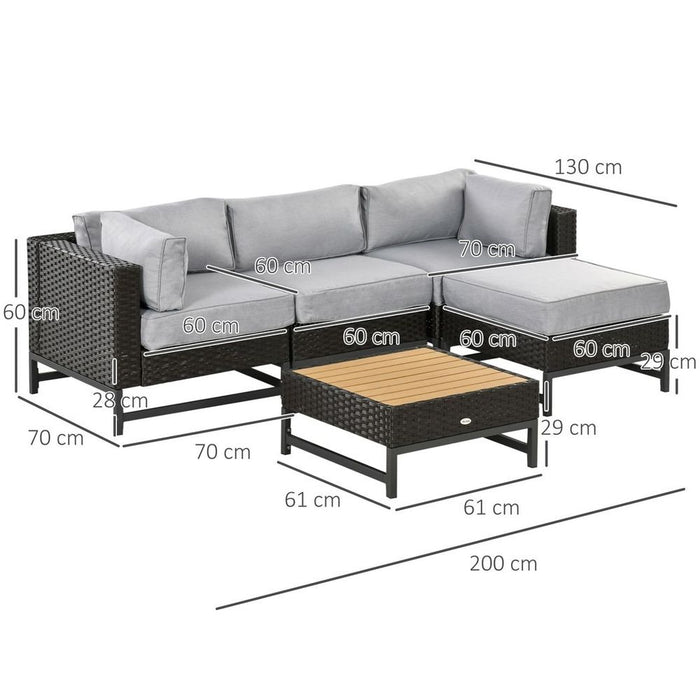 5 PC Rattan Corner Sofa Set - Wood Grain Plastic Top Table - Comfortable Cushions - High-Quality