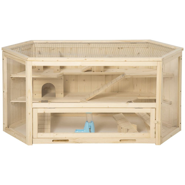 PawHut Wooden Large Hamster Cage Small Animal Exercise Play House 3 Tier with Sliding Tray, Seesaws, Water Bottle, Natural