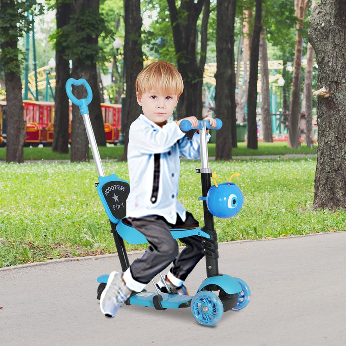 HOMCOM 5-in-1 Kids Toddler 3 Wheels Mini Kick Scooter Push Walker with Removable Seat & Back Rest for Girls and Boys Blue