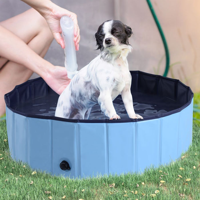 PawHut Foldable Dog Paddling Pool Pet Cat Swimming Pool Indoor/Outdoor Collapsible Summer Bathing Tub Shower Tub Puppy Washer (Φ100 x 30H cm, Blue), D01-012BU