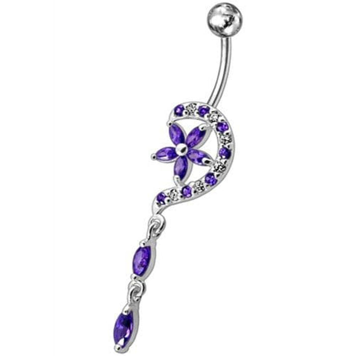 Fancy Jeweled Flower Long Tail Silver Dangling Belly Ring