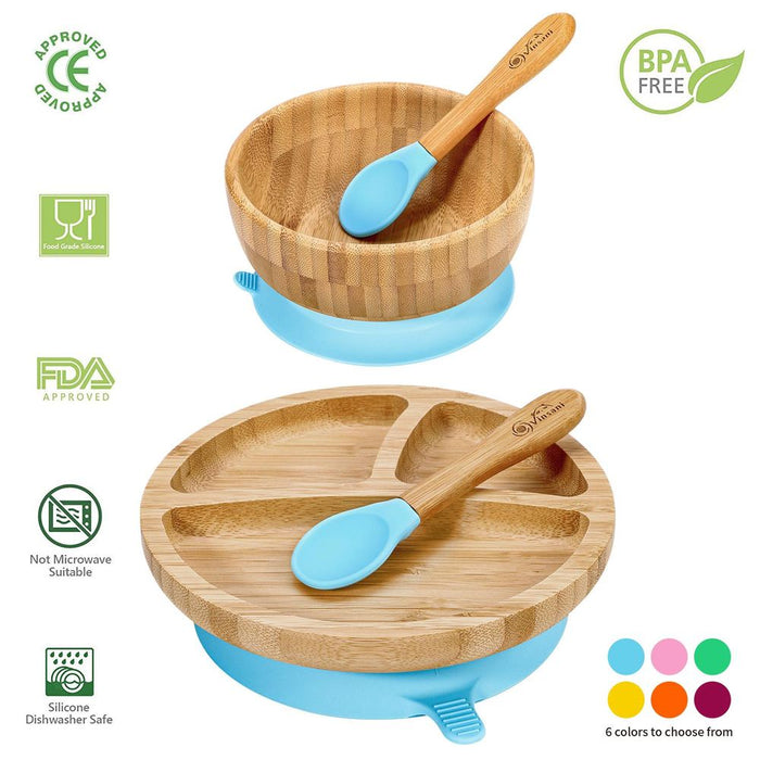 VINSANI BAMBOO BOWL, ROUND PLATE & SPOON SET - Non-Slip Base, All-Natural, Easy Clean - Perfect for Baby Feeding!