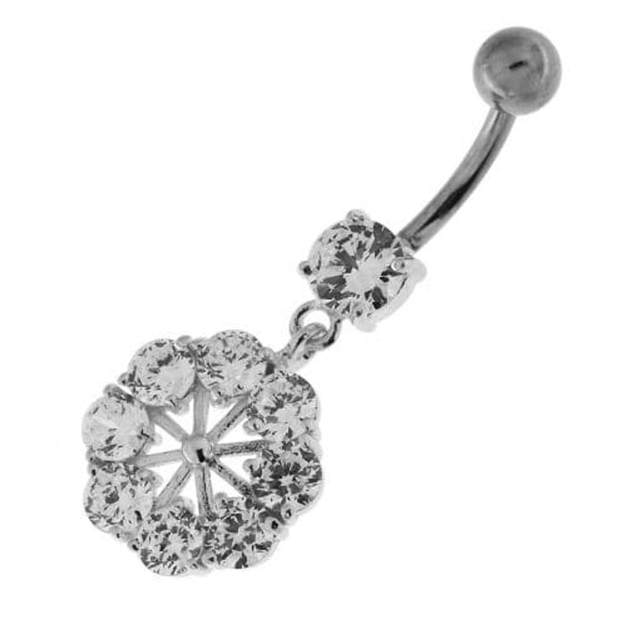 Round Jeweled Flower Sterling Silver Navel Ring