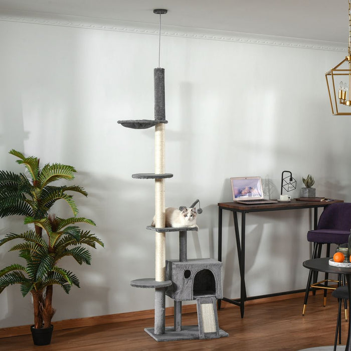 Floor-to-Ceiling Cat Tree Tower w/ Scratching Post, Hammock, House - Grey