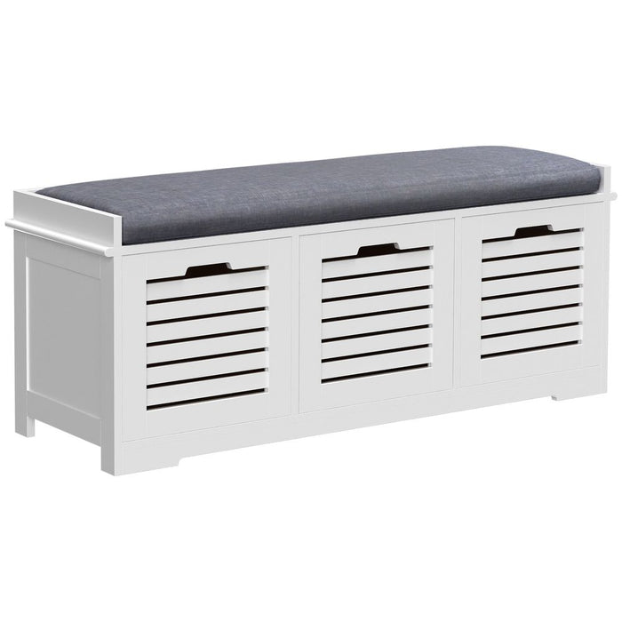 HOMCOM 3-Door Shoe Storage Bench Cushion Seat Slatted Doors Elevated Base White