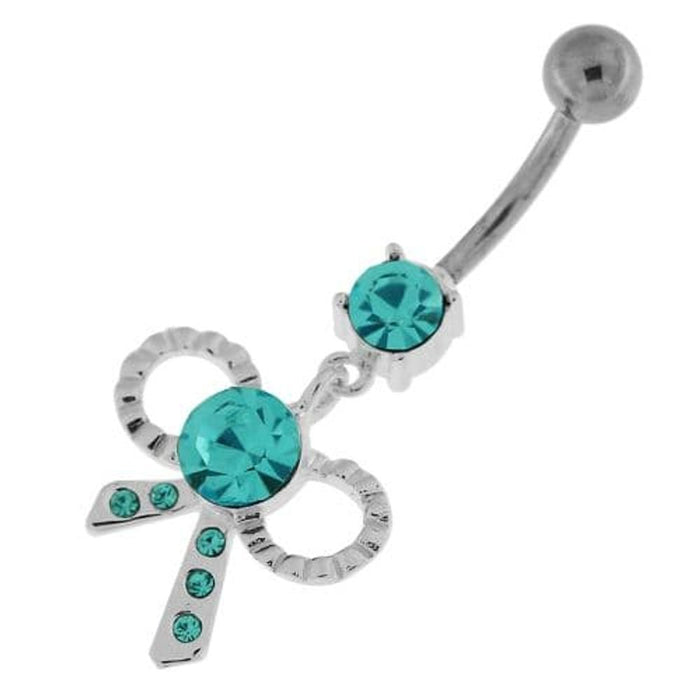 Simple Jeweled Tie Bow Silver Belly Button Ring