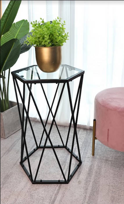 SLENDER Hexagon Black Side Table - Tempered Glass - High Quality - Professional Seller