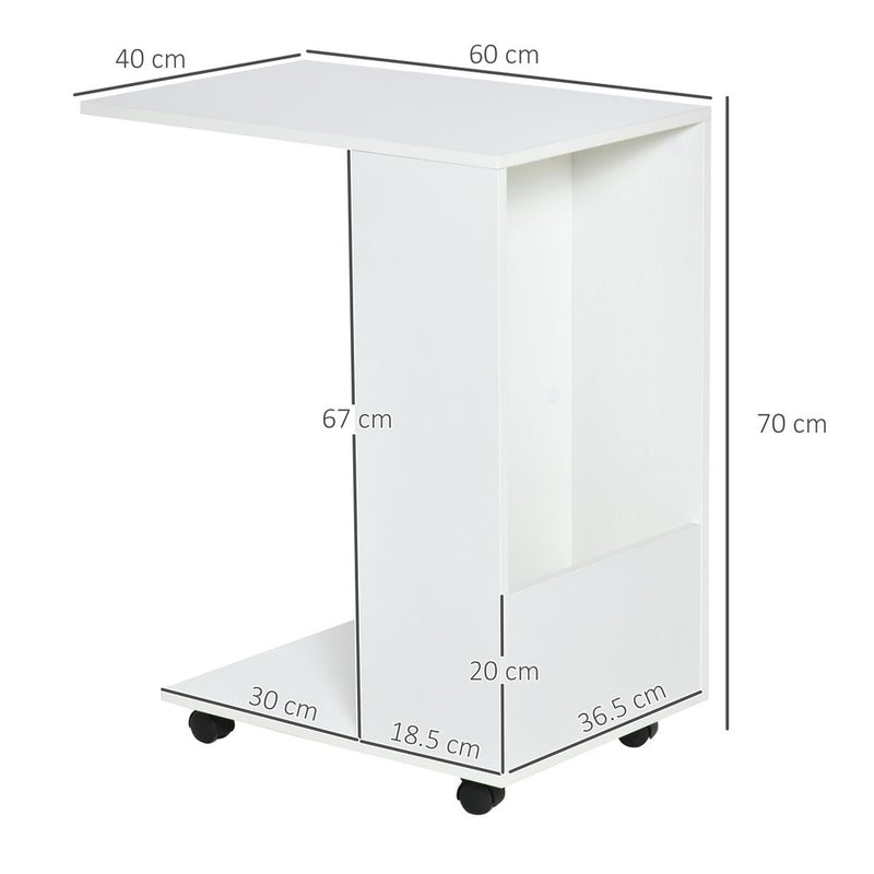 Mobile Sofa Side Table C-Shape End Table  White