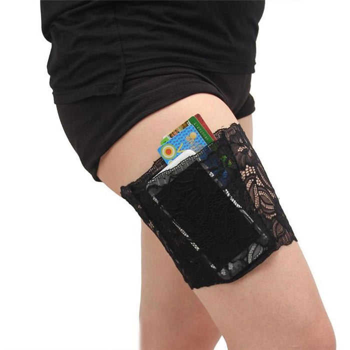 Women's Lace Thigh Band w/ Anti-Slip Pocket [L - Black]