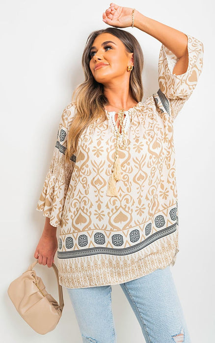 Captivating Boho Prints: Tassel Tie Neck Long Sleeve Tops