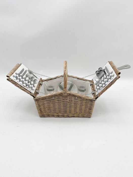 Premium 45cm Willow Picnic Basket - Removable Cooler Bag, Cutlery, Plates, Bottle Opener, Salt & Pepper Shakers, Acrylic Glasses