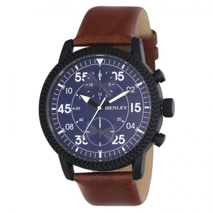 Henley Men's Bold Textured Blue Dial Watch with Brown Leather Strap H02212.6