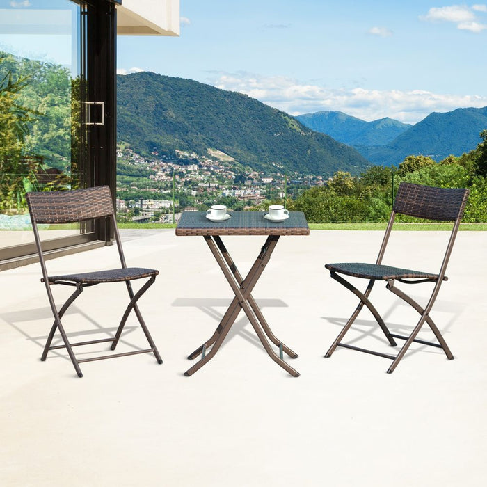 Durable Rattan Garden Bistro Set: 2 Wicker Weave Folding Chairs & 1 Square Table