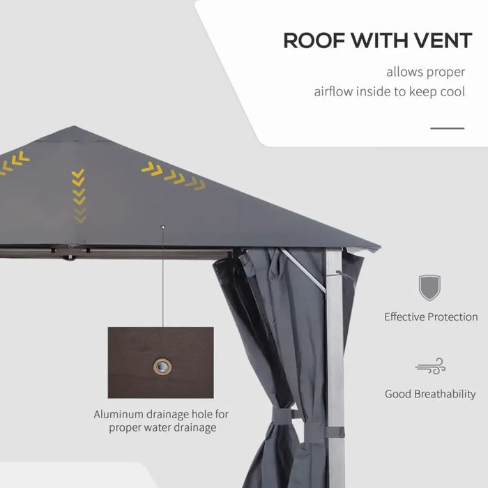 Spacious 2.6m Outdoor Gazebo, Steel Wood Grain Frame, Mesh Curtain Sidewalls, Sun Shelter