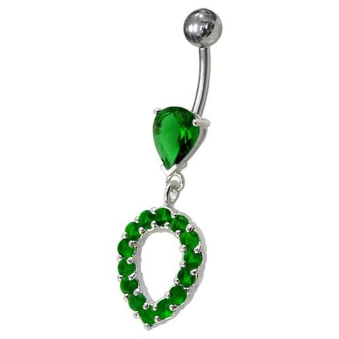 Fancy Green CZ Jeweled Silver Dangling Navel Banana Belly Ring