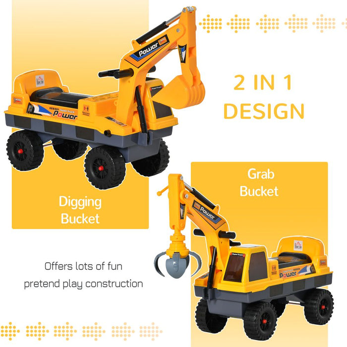 HOMCOM 2 in 1 Ride on Excavator Digger No Power Detachable Digging Bucket and Grab Bucket Music Light for 2-3 Years Old