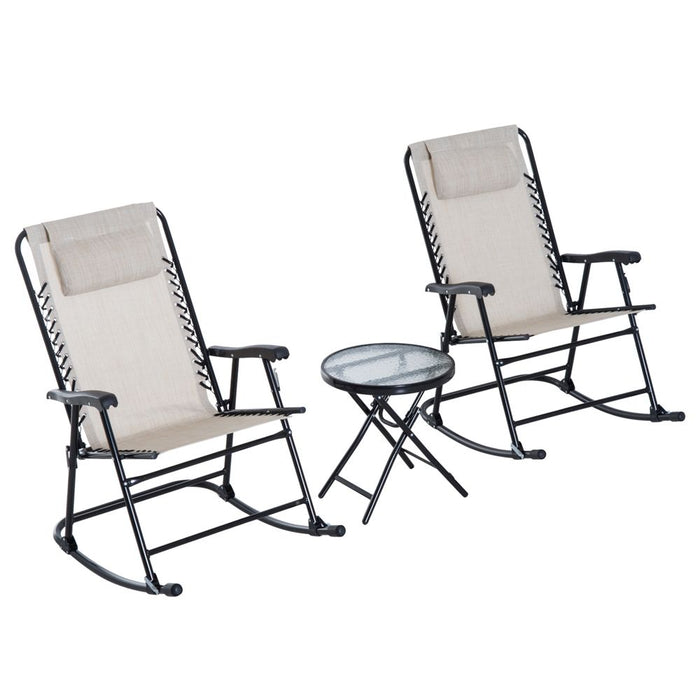 3 Piece Rocking Bistro Set, 2 Folding Chairs & 1 Tempered Glass Table, Beige