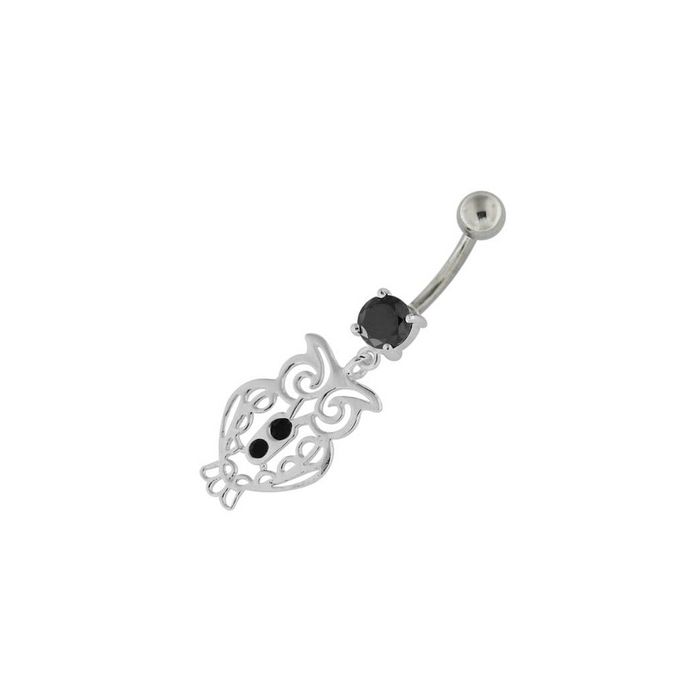 Sterling Silver Jeweled Owl Navel Belly Button Bar