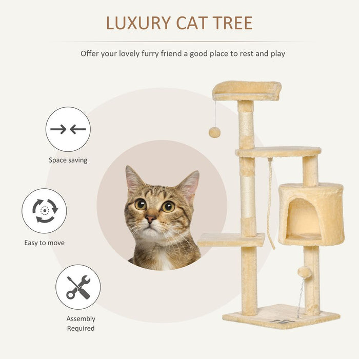 PawHut Cat Tree for Indoor Cats Pet Activity Centre Kitty Condo Climbing Scratching Post with Toys 4-tier 114cm Tall Beige