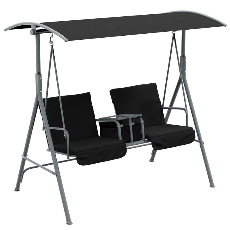 Outsunny 2 Person Patio Swing w/ Table & Storage - Black. Strong, Comfortable, Weather-Resistant. Easy Assembly. 220kg Capacity