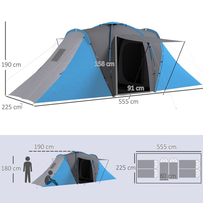 Outsunny 4-6 Man Camping Tent with 2 Bedroom and Living Area, Grey and Blue