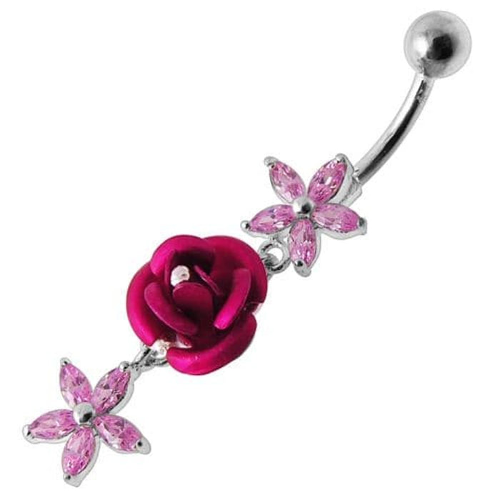 Center Rose Jeweled Dangling Belly Ring